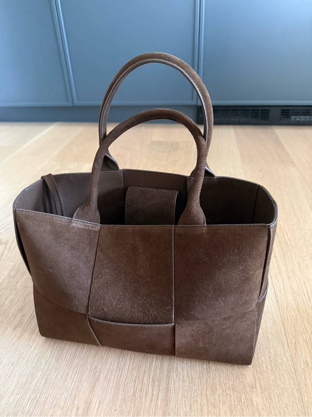New Brown Suede J McLaughlin Tessare Woven Tote Bag with Dual Handles